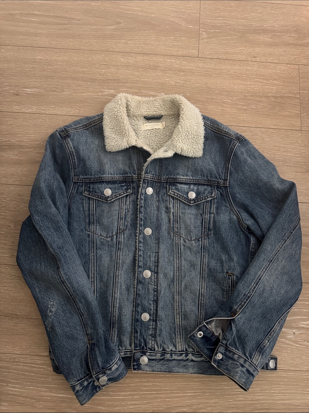 AllSaints Blue Denim Sherpa Collar Jacket